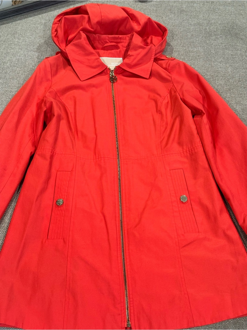 Michael Kors Bright Red Hooded Zip-Front Trench Coat